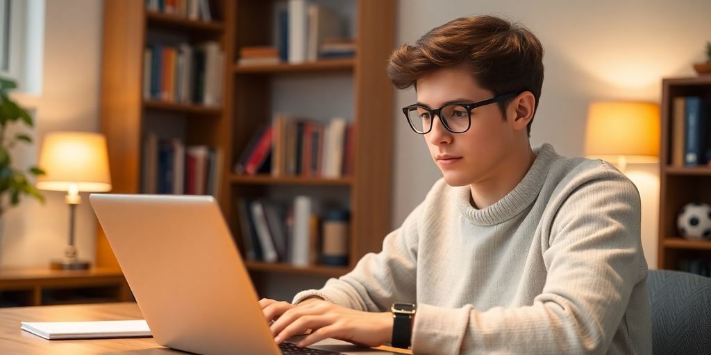 Student attending an online class at a cozy desk.