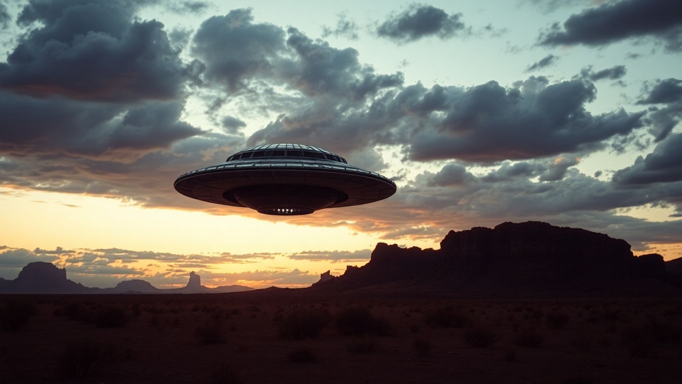 UFO pairado sobre deserto ao anoitecer. UFO pairado sobre deserto ao anoitecer.