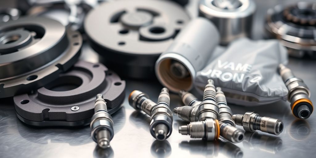 Volkswagen parts arranged on a clean metallic surface.