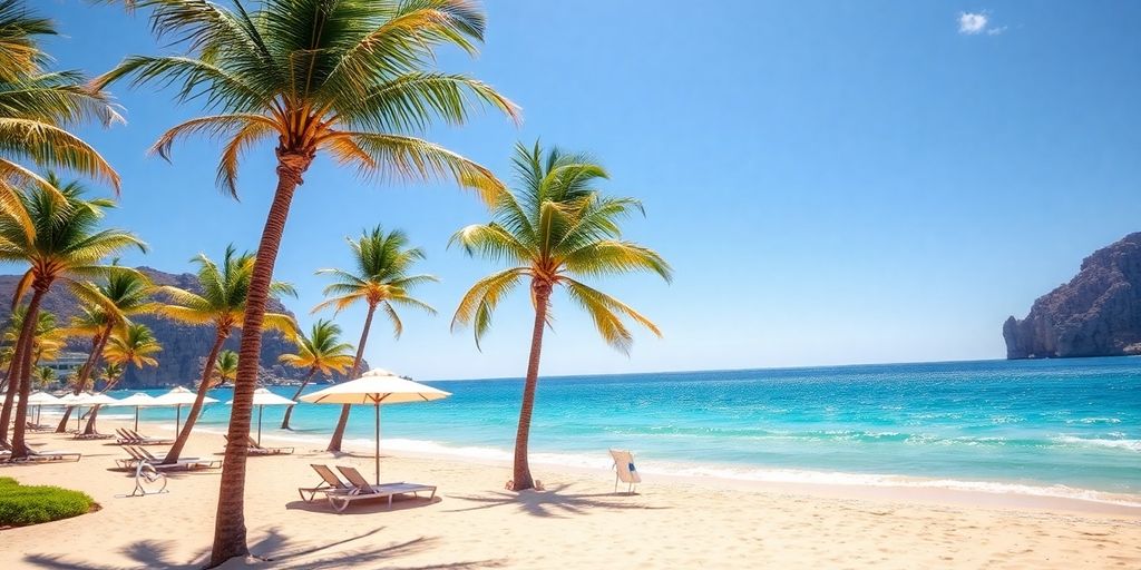 Luxurious all-inclusive resorts on a sunny Los Cabos beach.