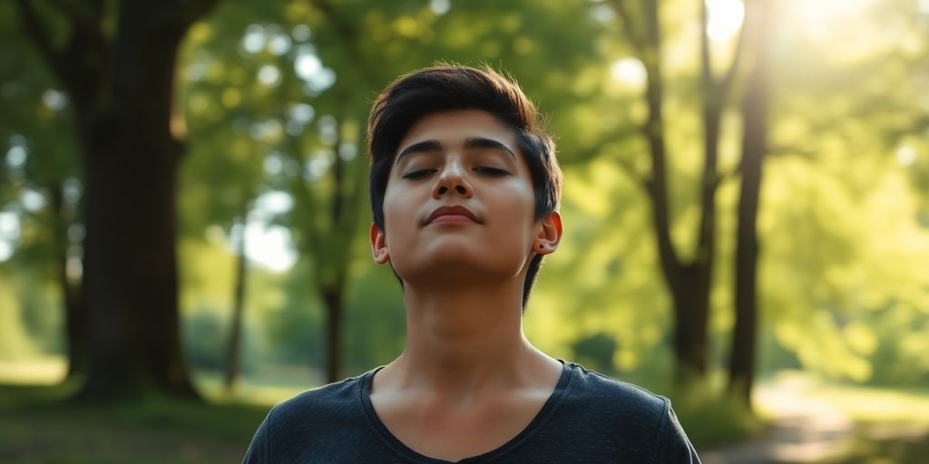 Person practicing deep breathing in a peaceful natural setting.