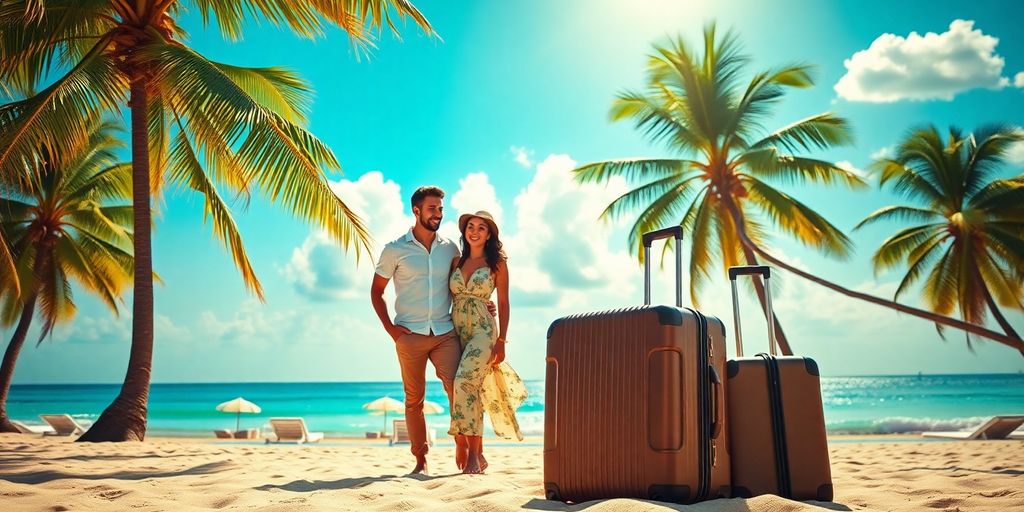 A couple relaxing on a beach with suitcases.