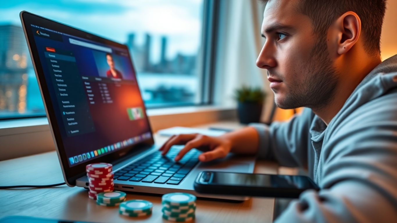 Aussie player calmly bluffing at laptop, chips, Opera House background.