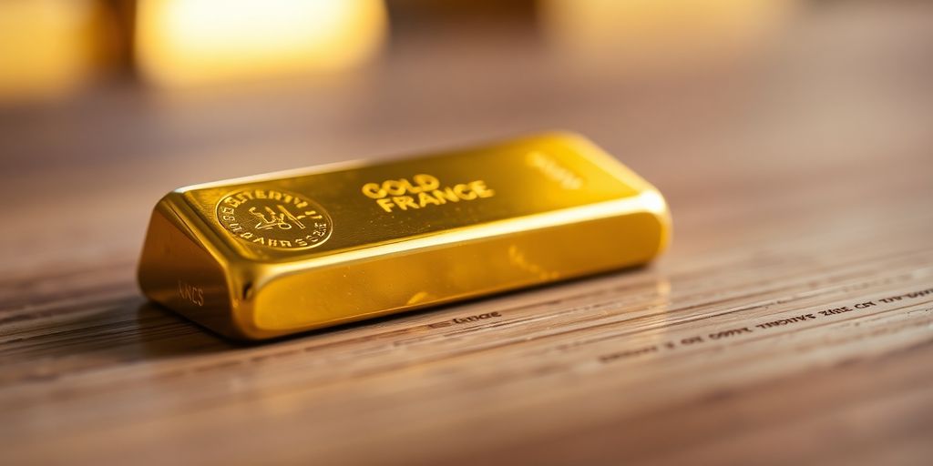 Lingot d'or sur une surface en bois.