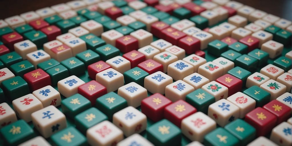 Mahjong tiles with various symbols neatly arranged in rows.