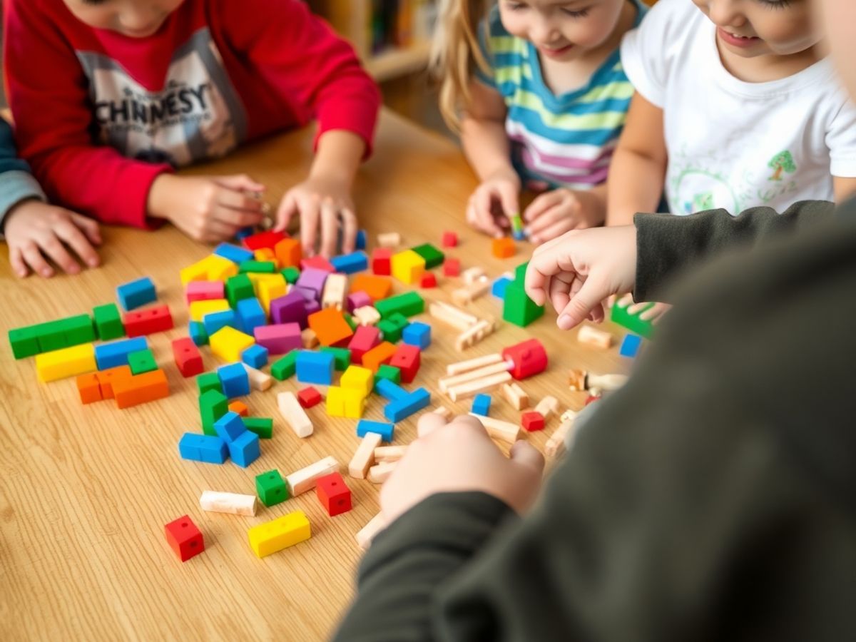 Copii construind din piese colorate.