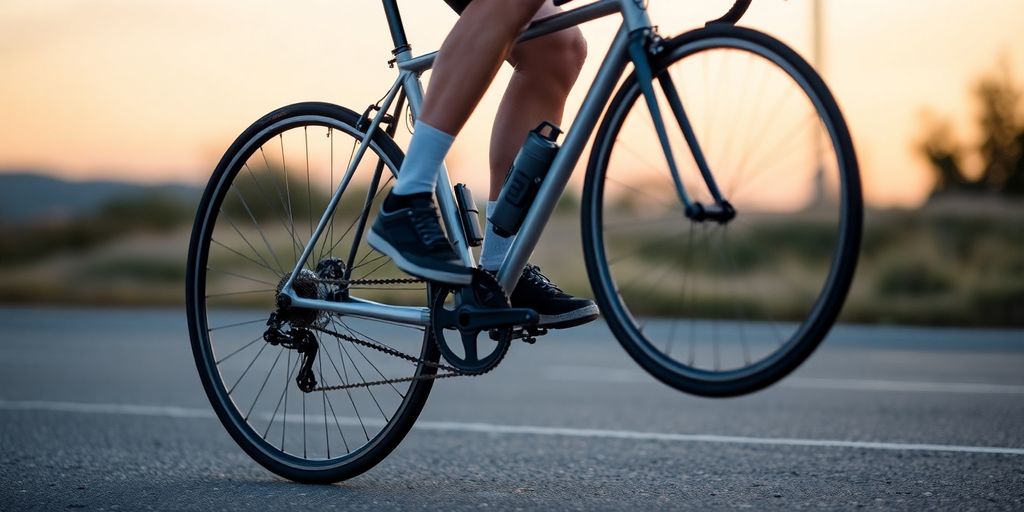 Bicyclist balancing perfectly on a stationary bike.