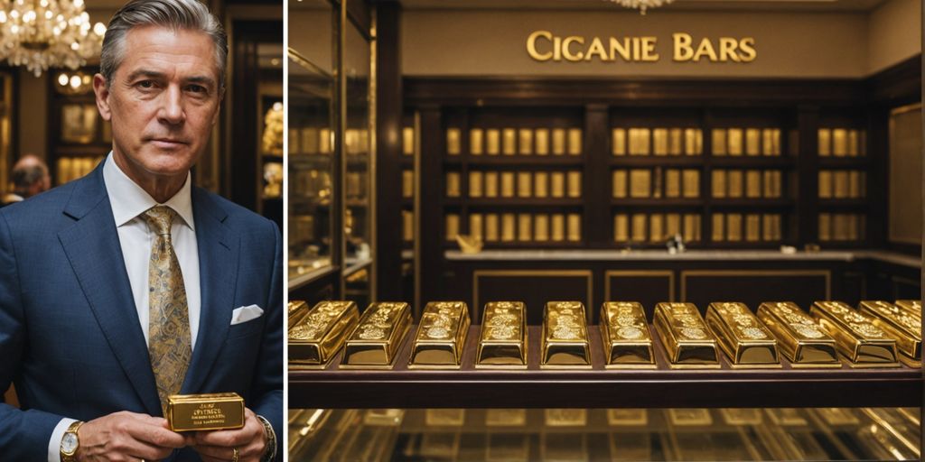 Jewelry store and businessman with gold bars