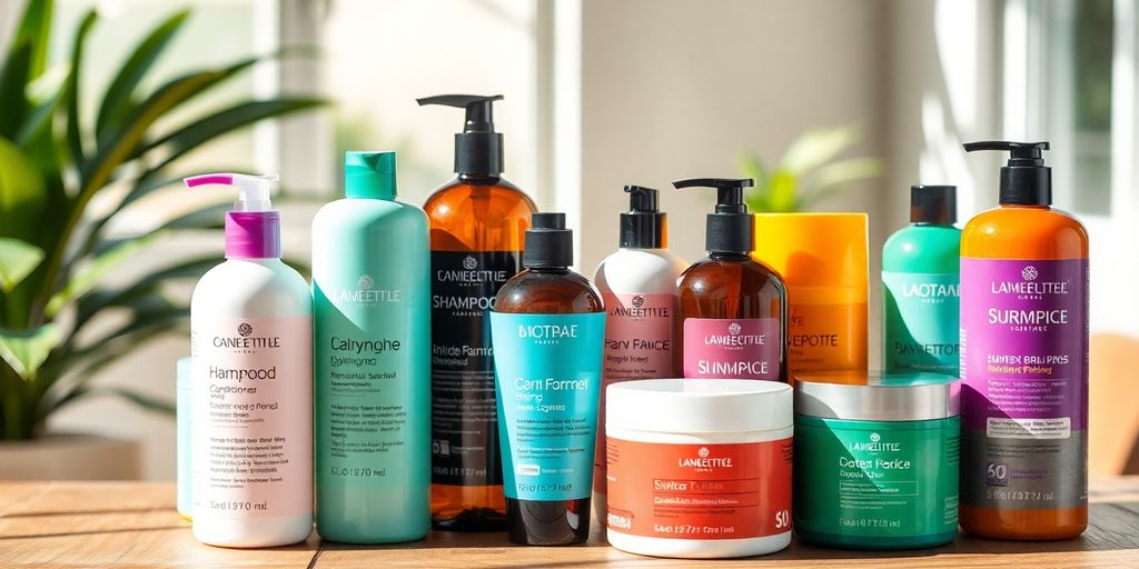 Hair care products for mixed hair types on a table.