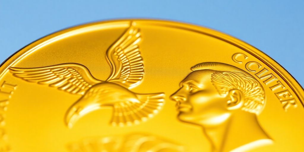 Pièce d'or de 20 dollars avec des détails frappés.