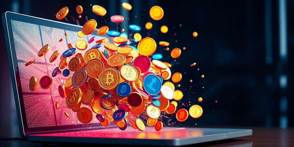 Digital coins exploding from computer screen