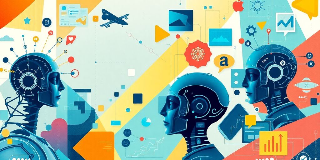 Futuristic collage of AI models and technology elements.