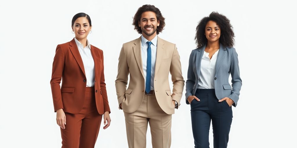 Professionals standing together, distinct attire, vibrant backdrop.