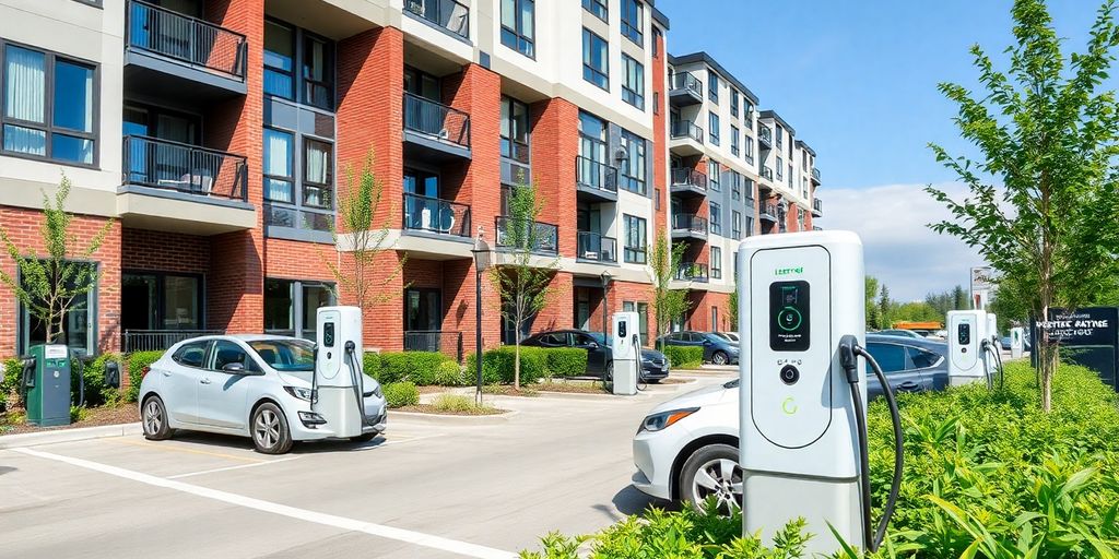Electric vehicle charging stations at an apartment building.