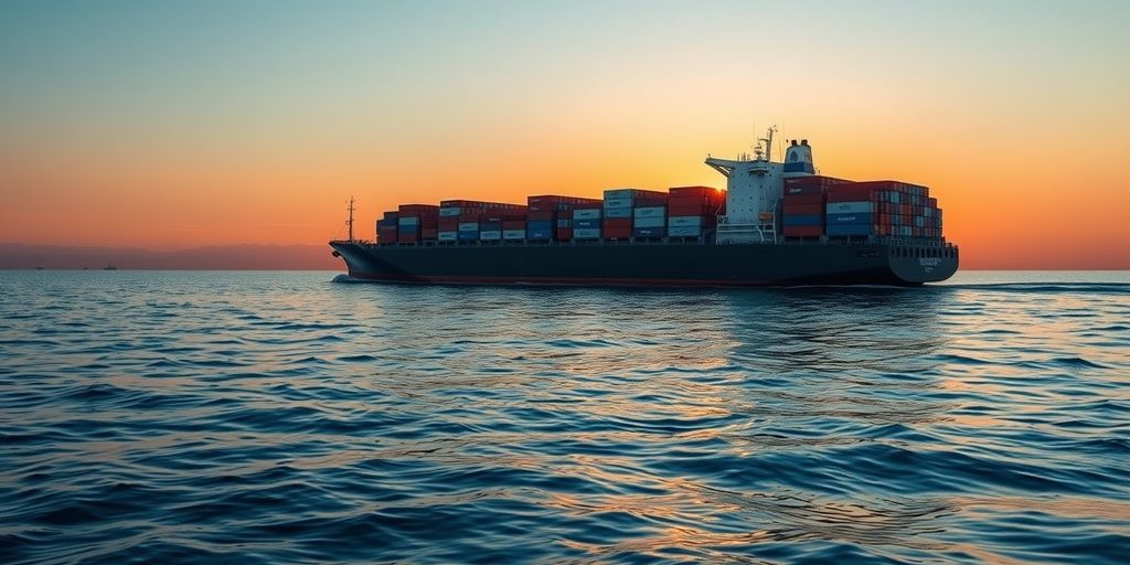 Cargo ship loaded with containers at sunset.