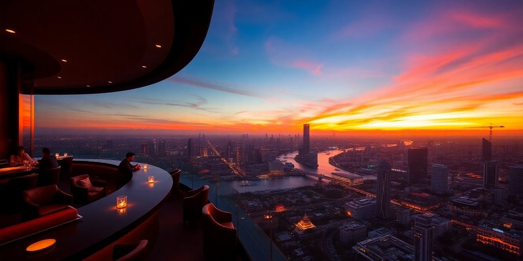 Sky Bar view of Bangkok skyline at sunset.