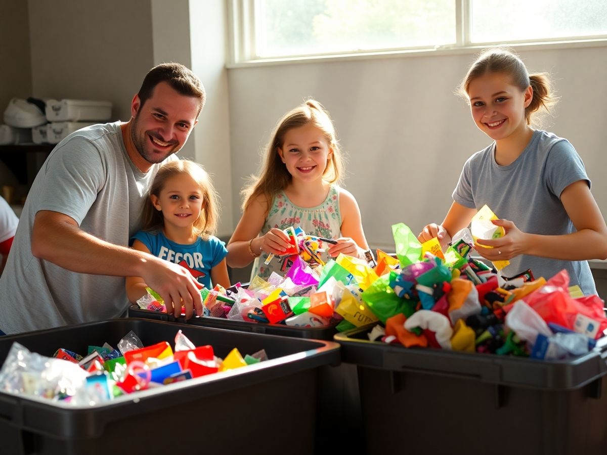 Familie fericită reciclando împreună acasă.