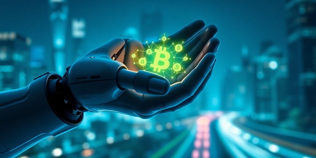 Robotic hand holding glowing cryptocurrency