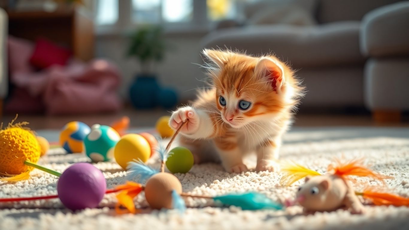 Kitten playing with bright cat toys on a rug.