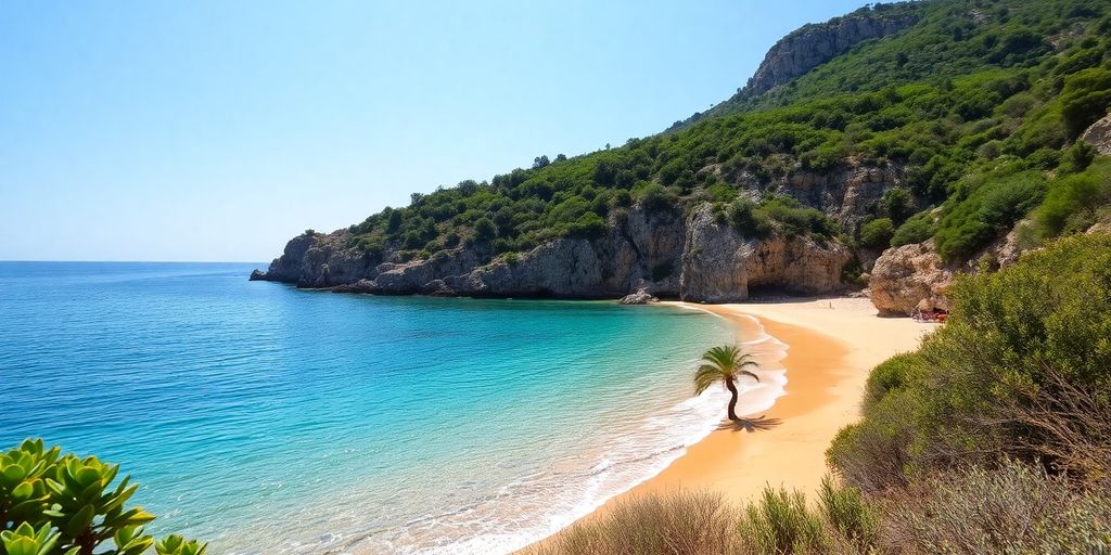 Abgeschiedener Strand in Sizilien mit klarem Wasser und Felsen.