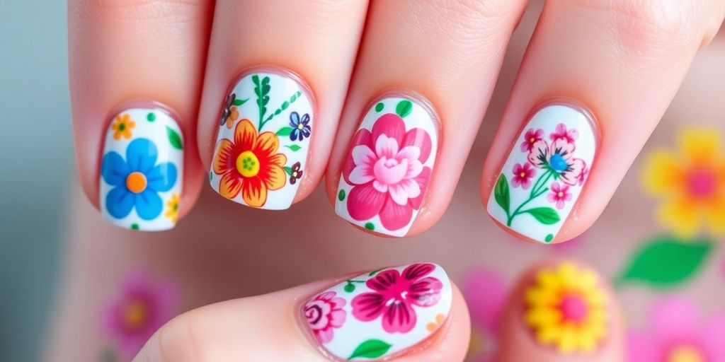 Unhas decoradas com flores coloridas e detalhes intricados.