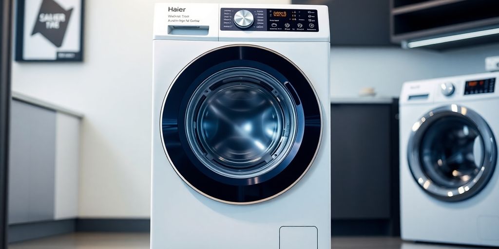 Moderne Haier Waschmaschine in stilvollem Raum.