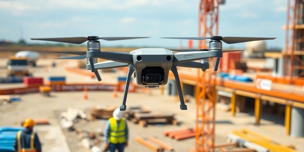 Drone sur un chantier avec des travailleurs en arrière-plan.