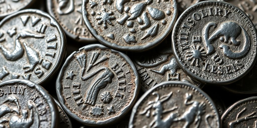 Pièces d'argent anciennes avec des détails et textures visibles.