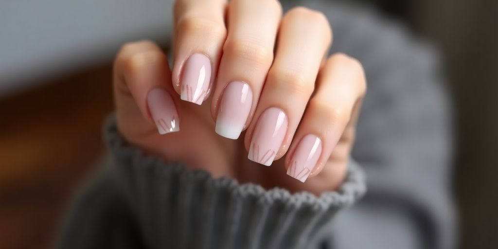 Unhas de gel simples e elegantes em fundo desfocado.