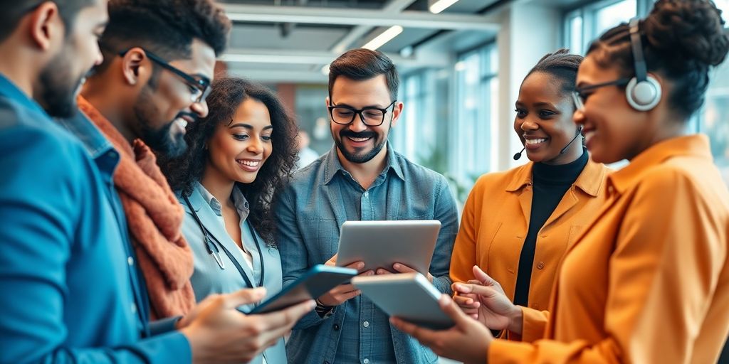 Diverse team collaborating with AI technology in customer service.