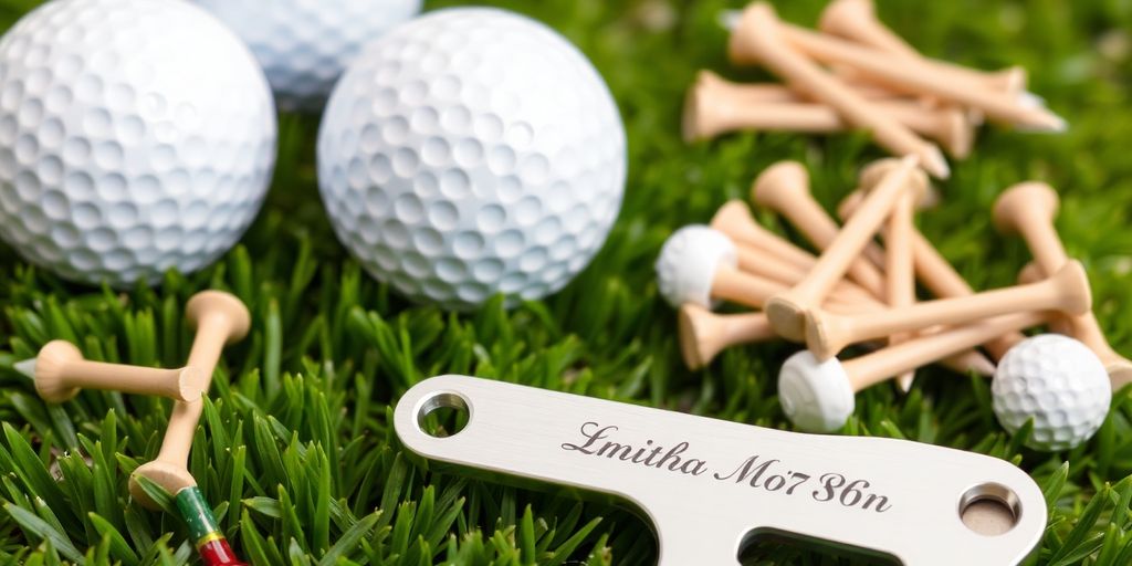 Golf balls, tees, and personalized divot tool.