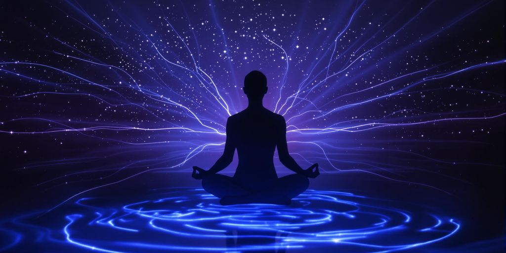 Meditating figure surrounded by calming blue and purple light.