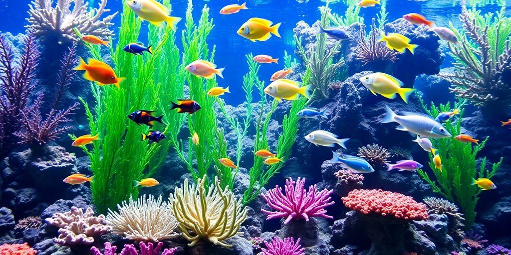 Colorful saltwater fish swimming in a coral reef aquarium.