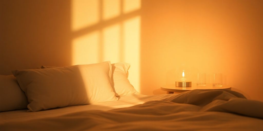 Peaceful bedroom, soft lighting.