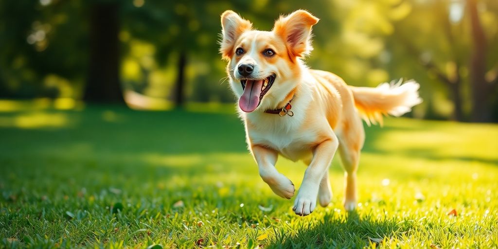 Active dog leaping in a sunny park.