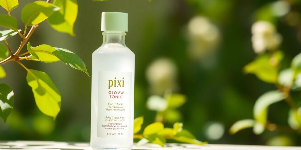 Bottle of Pixi Glow Tonic with green leaves.