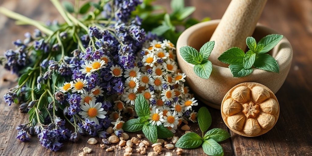 Dried herbs, mortar and pestle, wooden table