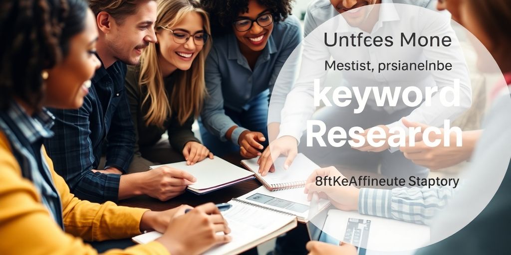Group discussing ideas for keyword research in a workspace.