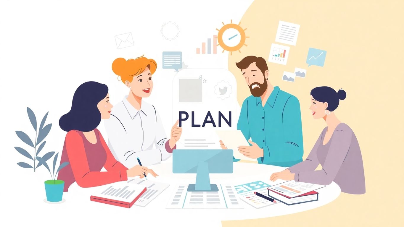 Illustrasjon av småbedriftsledere som jobber sammen.