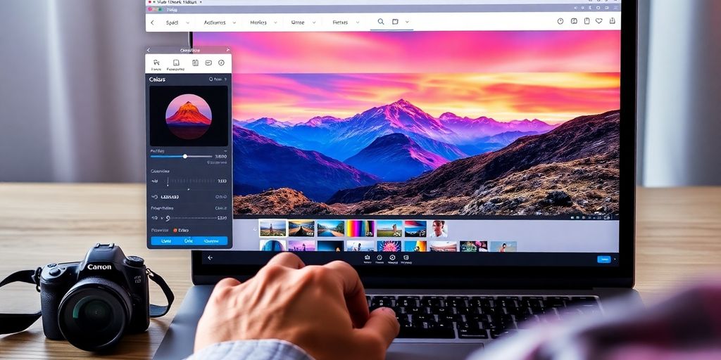 Photographer editing vibrant landscape photo on laptop.