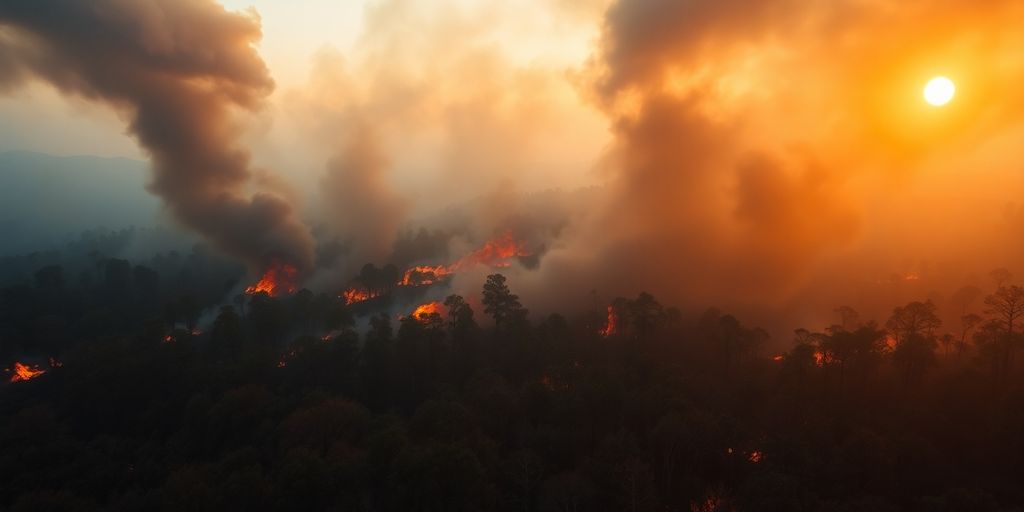 Forêt espagnole en feu, fumée épaisse dans le ciel.