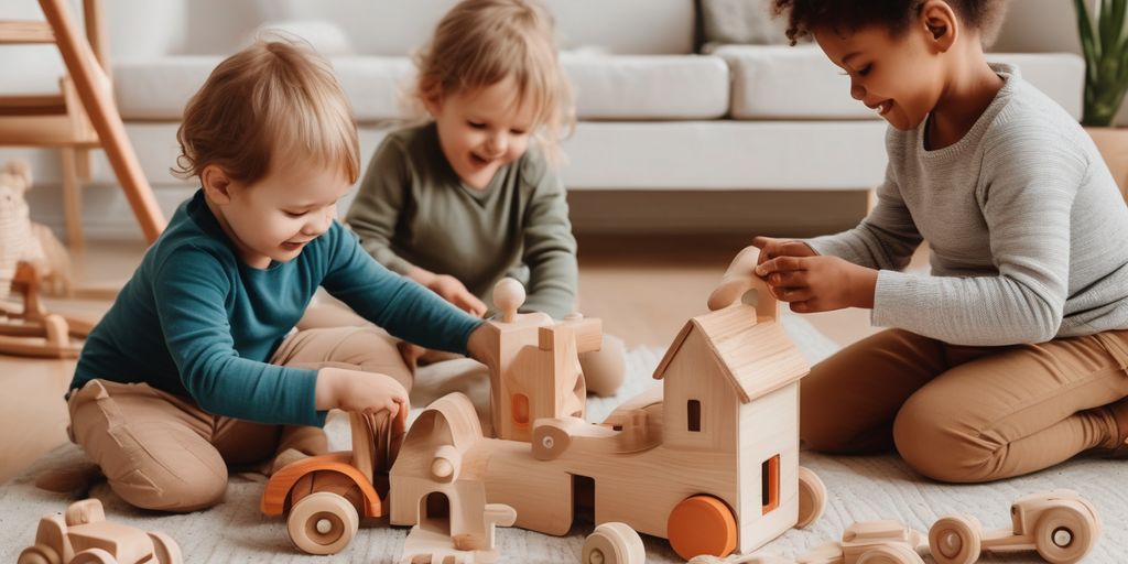 children playing with eco-friendly wooden toys in a cozy home setting