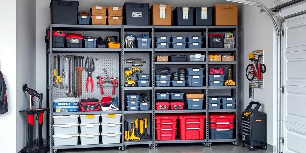 Corner garage shelving unit with organized tools and boxes.