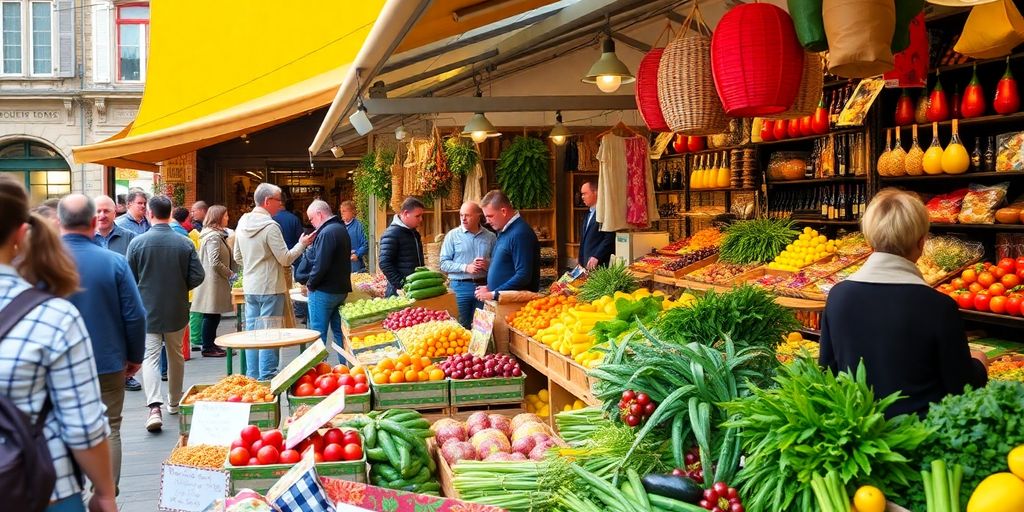 Marché belge avec des produits locaux et artisanaux.