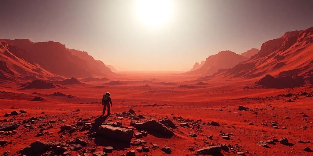 Astronaut on Mars gazing at vast red landscape