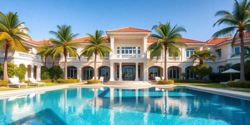 Luxurious Palm Beach home with pool and palm trees.
