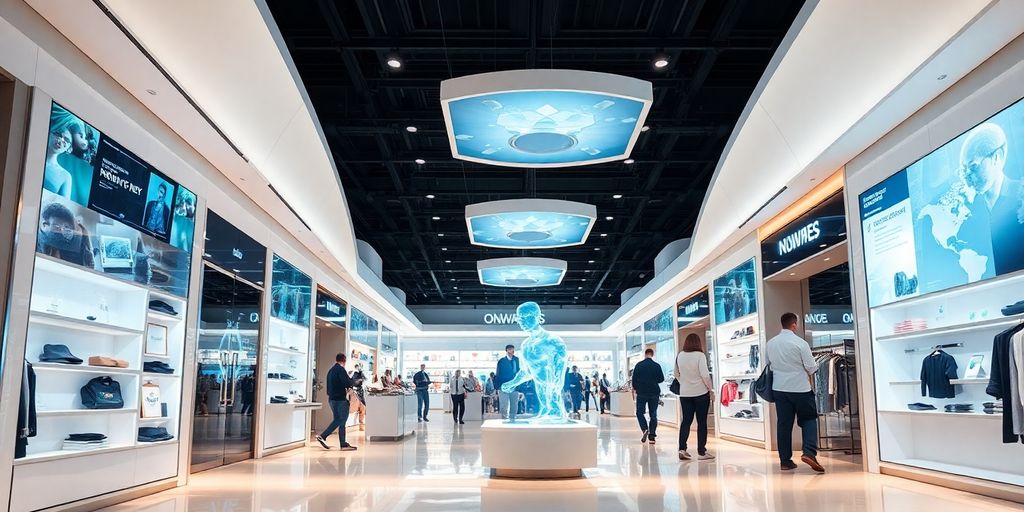 Futuristic retail store interior with glowing displays.