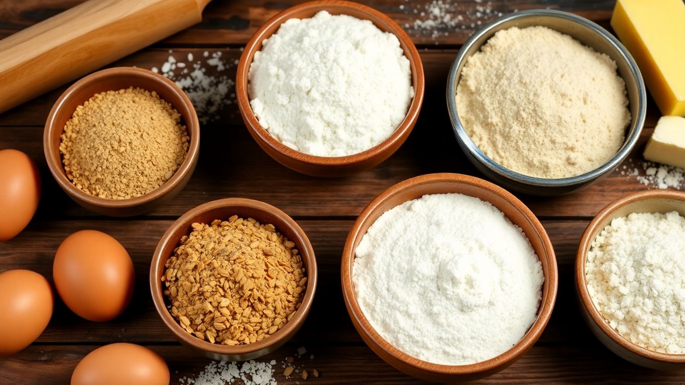 Assorted alternative flours in bowls with baking ingredients