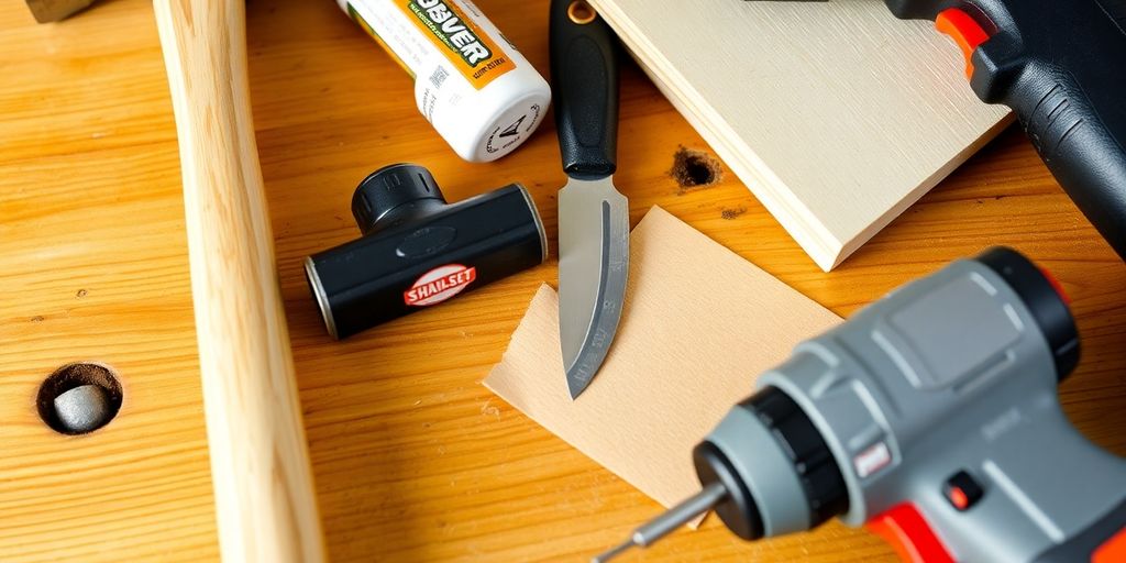 Tools for repairing a door hole on a workbench.