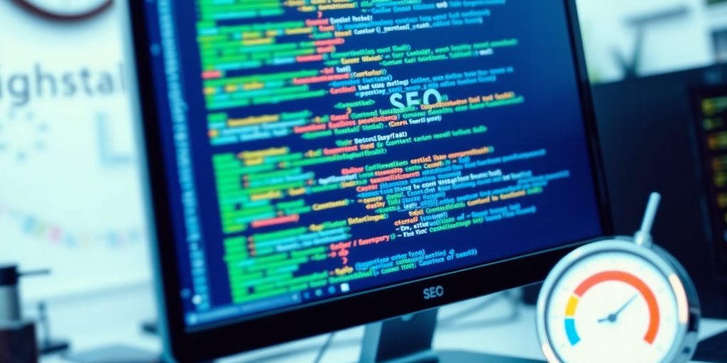 Computer with code and SEO tools in a workspace.